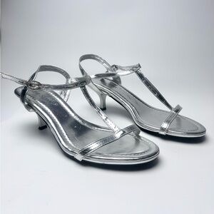 Women’s Silver Slingback Heels Size 8.5 Metallic Open Toe Kitten Heel Sandals
